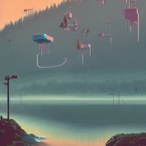 Image similar to A large picturesque mountain with a river flowing between them by Simon stålenhag