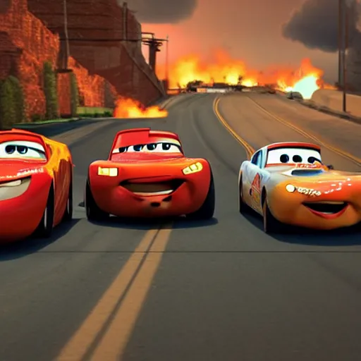 Image similar to a photo from the movie cars, where lightning mcqueen gets into a greusome car accident with tow mater. rendered in 4 k with presto animation software.