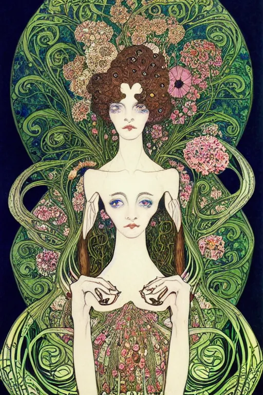 Prompt: centered beautiful detailed front view portrait of a woman with ornate flowers growing around, ornamentation, flowers, elegant, dark and gothic, full frame, art by kay nielsen and walter crane and gustave klimt, illustration style, watercolor