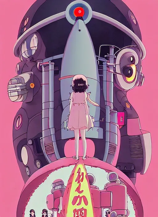 Image similar to a movie poster for a studio Ghibli film based on the song Yoshimi battles the pink robots, part 1. by the band the flaming lips; artwork by Hiyao Miyazaki and studio Ghibli; a Japanese girl is fighting a gigantic evil Pink Robot in an alley in Tokyo artwork by James jean, Phil noto