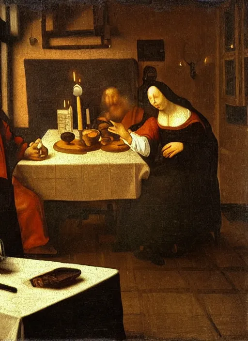 Image similar to a candlelit table at the inn, two people sitting at the table, swirling smoke, dark smoke, realistic, in the style of leonardo da vinci, dutch golden age, amsterdam, medieval painting by jan van eyck, johannes vermeer, florence