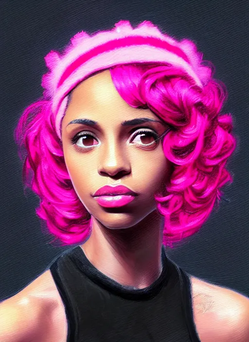 Image similar to portrait of teenage vanessa morgan with bright pink hair, black girl, vanessa morgan, curly pixie cut hair, wearing newsboy cap, pink pixie haircut, newsboy cap, hoop earrings, intricate, elegant, glowing lights, highly detailed, digital painting, artstation, concept art, smooth, sharp focus, illustration, art by wlop, mars ravelo and greg rutkowski