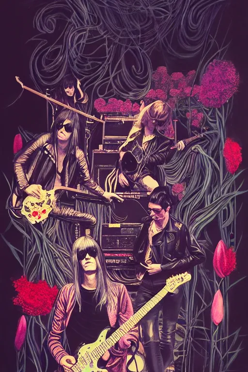 Image similar to the velvet underground and nico playing live on stage at a night club, beautiful stage decoration with flowers in the background, painting by james jean, very detailed and colorful and toned down and ornamental and moody and cool and relaxed and high on drugs, trending on artstation, behance contest winner