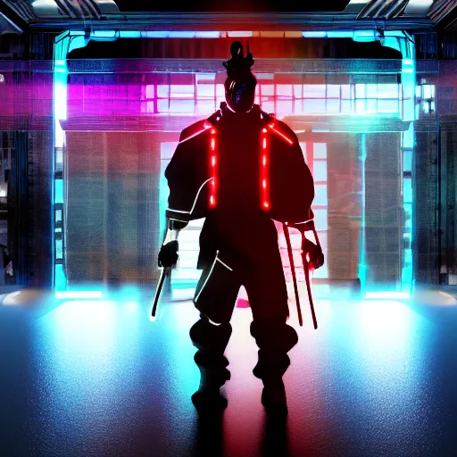 Prompt: sci-fi cyberpunk street samurai neon lights, fighter pose, inside fight cage, realistic, 8k, full body, katana, baggy clothes