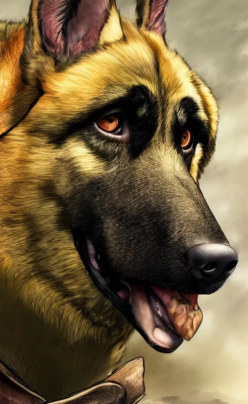 Image similar to close up character portrait icon of the german shepard beast - man military uniform head animal person wearing clothes standing in the mountains, hidari, color page, tankoban, 4 k, tone mapping, akihiko yoshida