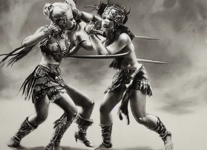 Image similar to Battlefield, two aztec warrior females fight, epic ,old photo, vintage, black and white, Boris vallejo, sepia