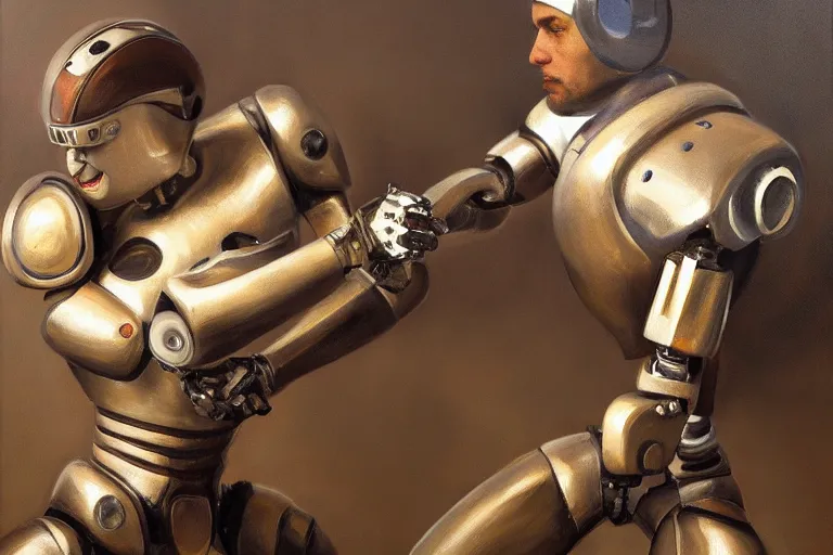 Image similar to oil painting of a human fighting a robot artist, highly detailed, 4k, trending on artstation, realistic human!!!!