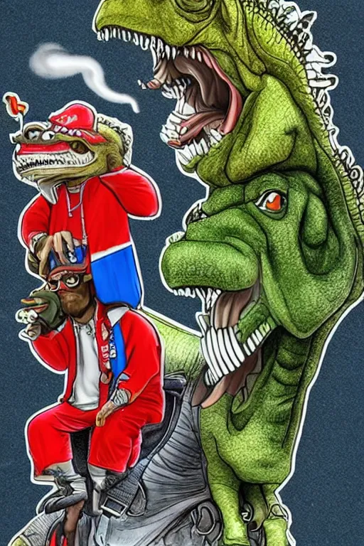 Image similar to Tone mapped Snoop Dogg and Donald Trump riding a T-Rex and smoking a blunt