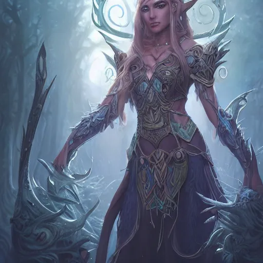 Image similar to world of warcraft elven druid, fantasy, intricate, elegant, highly detailed, digital painting, artstation, concept art, smooth, sharp focus, illustration, art by artgerm and greg rutkowski