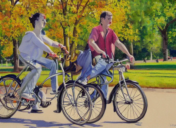 Image similar to a couple on bicycles in the park painting by Viktor Tsvetkov