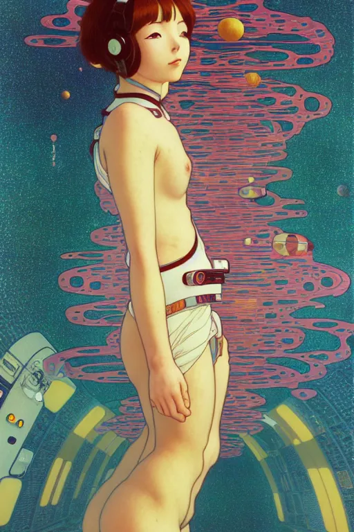 Image similar to a lonely girl floating in a spacestation, akihito yoshida, gustav klimt, yuya nagai, Ilya Kuvshinov, murata range, jean giraud, makoto shinkai, kawaii, alphonse mucha, matte colors, high saturation, detailed, 1990s