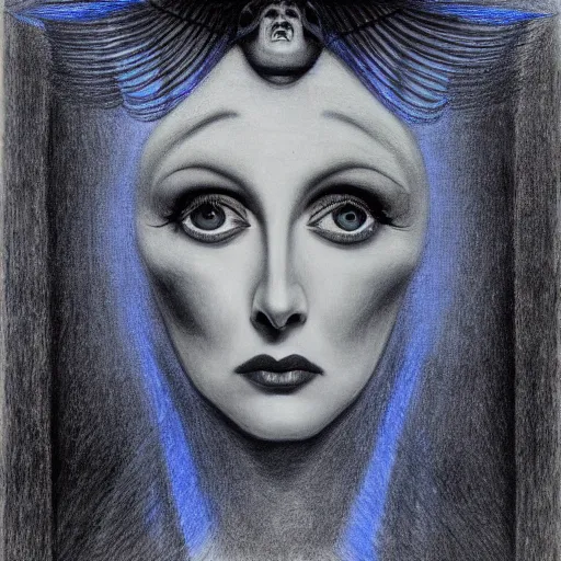 Image similar to Norma Desmond, pencil drawing. El Greco, Remedios Varo, Salvador Dali, Carl Gustav Carus, John Atkinson Grimshaw. Blue tint. Symetrical, logo, geometric shapes.