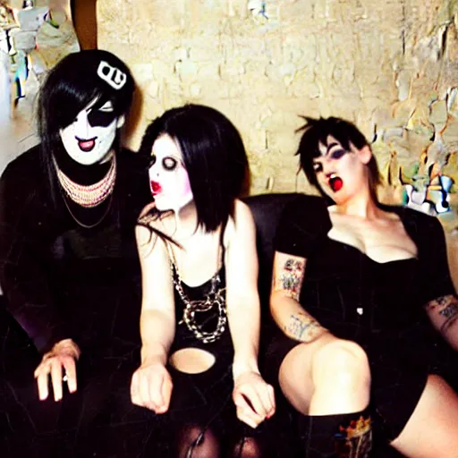 Prompt: sad goths hanging out in a hotel room, 1990s photograph