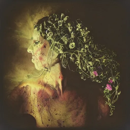 Image similar to a beautiful detailed front view portrait of a rotten woman corpse with fractal plants and fractal flowers growing around, volumetric light, beautiful lit, polaroid photography