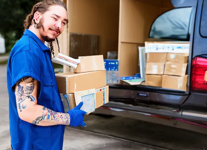 Image similar to dslr photo still of post malone as a postal worker mailman putting letters in mailbox and delivering packages to door, 8 k, 8 5 mm f 1 6