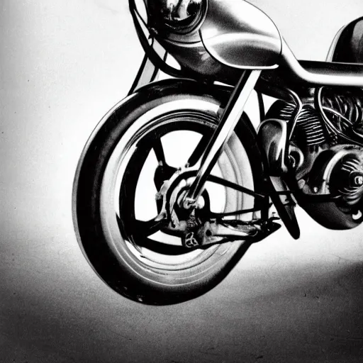 Prompt: vintage sci - fi motorcycle side - view, black and white photograph