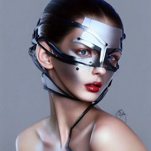 Prompt: A masterpiece portrait of a Incredibly beautiful futuristic high fashion russian model girl with designer mask made of steel and latex. trending on artstation, digital art, by Stanley Artgerm Lau, WLOP, Rossdraws, James Jean, Andrei Riabovitchev, Marc Simonetti, Yoshitaka Amano
