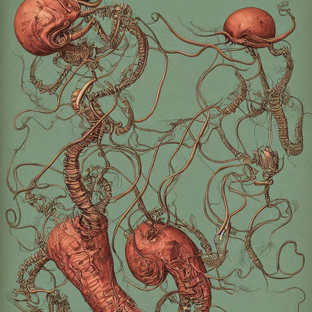 Prompt: small alien parasite color scientific illustration by Ernst Haekel, color illustration with orthographic views