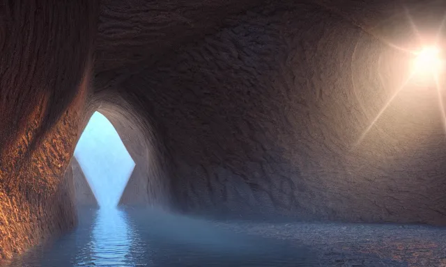 Image similar to beautiful photograph of a magical vertical cylindrical raindrop tunnel between a dried up river and the sun, highly-detailed, fantastic, dramatic lighting, artstation, 4k