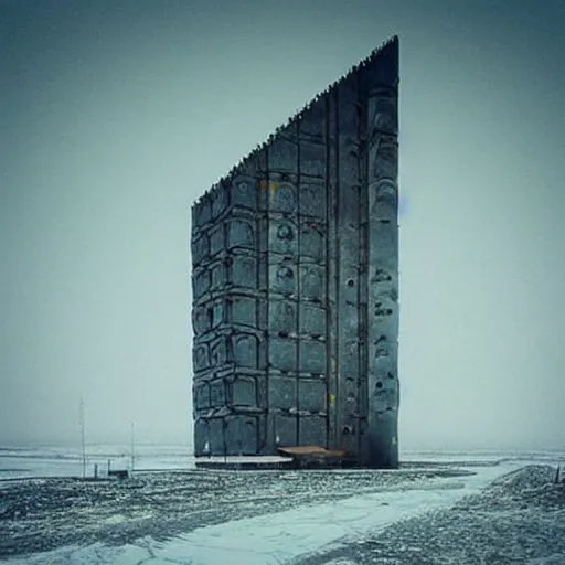 Prompt: “research site buildings, Arctic research stations, norilsk in the style of blade runner 2049 megacities megastructures megaliths monuments”