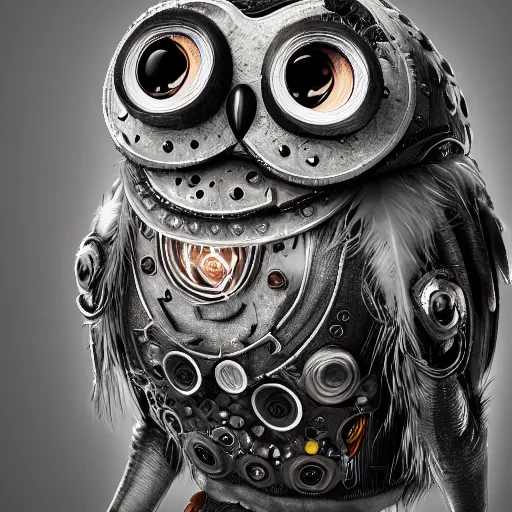 Image similar to detailed portrait, machinarium owl majestic mechanical ancient, glowing feathers, halfway through, hyper - detailed, stylistic, symmetrical, 3 d render, 8 k, octane render