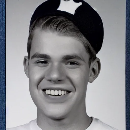 Image similar to a yearbook photo from 1966 of Jughead Jones, wearing a felt crown