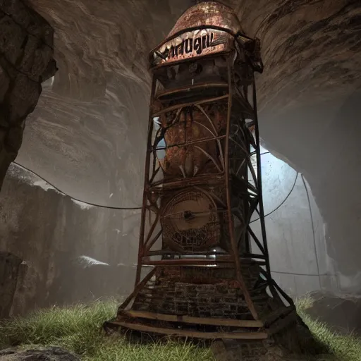 Image similar to an abandoned old rusty clocktower in a dark enormous cave, Low level light , digital art, unreal engine, trending on artstation, 4K UHD image