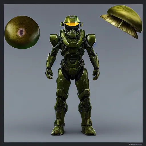 Image similar to mushroom man armor set for master chief, halo infinite, character design, octane render, cinema 4 d, award winning, beautiful aesthetic design, unreal engine 5, ultra detailed