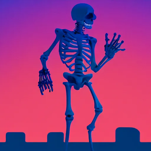 Prompt: a skeleton in cyberspace, his hands behind his back, laughing, detailed, outrun, synthwave, vaporwave, complimenting color scheme