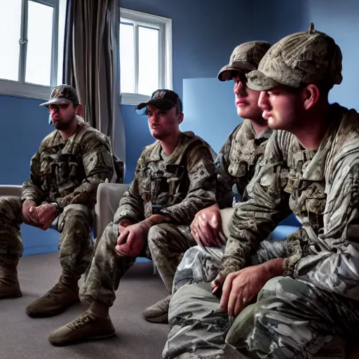 Prompt: Four navy veterans dreaming of serving in Afghanistan from their living room while suffering from major depression 4k hyper realistic fisheye