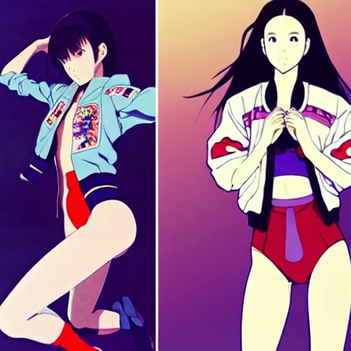 Image similar to a beautiful japanese natalie portman gravure model, wearing oversized native designer bomber jacket and leotard, bulky poofy bomber jacket with mesoamerican patterns, mesoamerican native street fashion, gapmoe yandere grimdark, trending on pixiv fanbox, painted by greg rutkowski makoto shinkai takashi takeuchi studio ghibli, akihiko yoshida