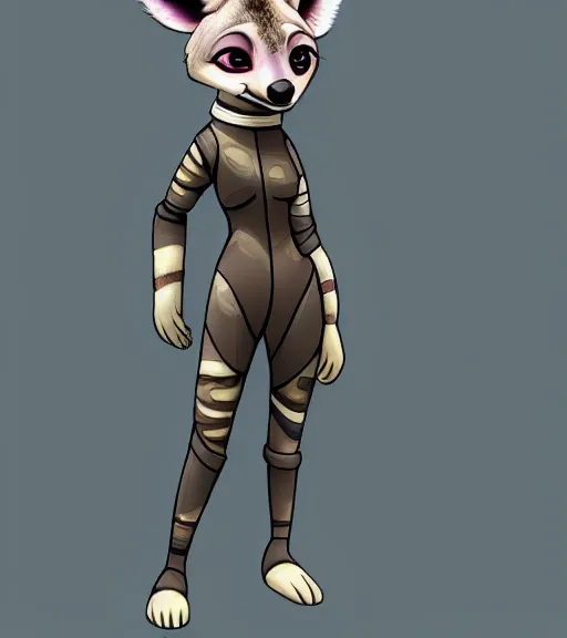 Image similar to digital detailed full body of anthromorphic female hyena, in style of zootopia, fursona, furry, furaffinity, 4 k, deviantart, wearing astronaut outfit, in style of zootopia, floating in space, space background, in deep space, dark background, hyena fursona, cyberpunk, female, stylized face,