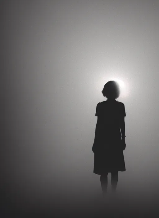 Image similar to a female silhouette, white glowing aura, faint orbs, fog, film grain, cinematic lighting