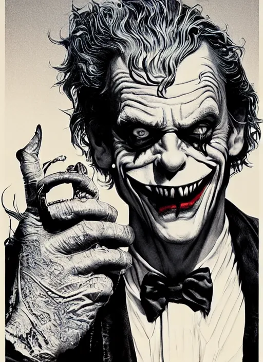 Image similar to christopher lloyd as the joker, big smile, grotesque, horror, high details, intricate details, by vincent di fate, artgerm julie bell beeple, 1 9 8 0 s, inking, vintage 8 0 s print, screen print