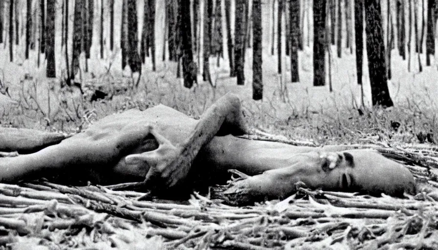 Image similar to 1 9 6 0 s movie still close up of a skinny emperor marcus aurelius with frozen face and a frozen toga, laying down on the danube's shore pine forests, cinestill 8 0 0 t 3 5 mm b & w, high quality, heavy grain, high detail, texture, dramatic light, anamorphic, hyperrealistic, foggy