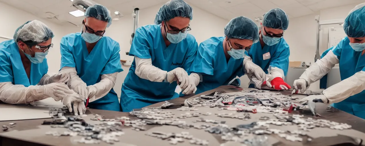 Prompt: three surgeons with realistic hands performing an operation on a massive completed jigsaw puzzle on a table