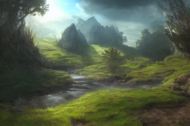 Image similar to Landscape of a fantasy world. Cinematic lighting. Photorealism.