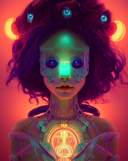 Image similar to a bioluminescent patchwork doll, highly detailed, digital painting, cinematic, hyperrealism, dark retrowave, art by stanley lau and artgerm and magali villeneuve and alphonse mucha, artstation, octane render