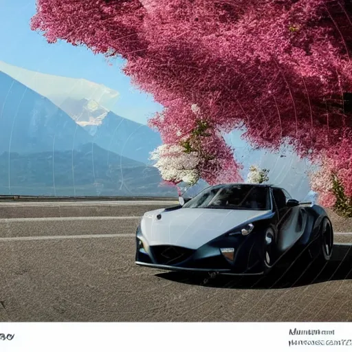 Prompt: a jdm mazda rx 7 2 0 8 9 futuristic version, cyber punk look hovering by mount fuji early in the morning with a few blossom trees around, high quality photo