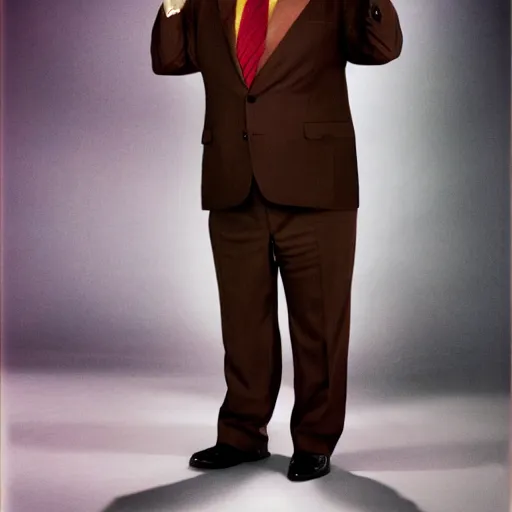 Prompt: Andy Richter is wearing a chocolate brown suit and yellow shirt and necktie. Andy is standing in front of a mirror.