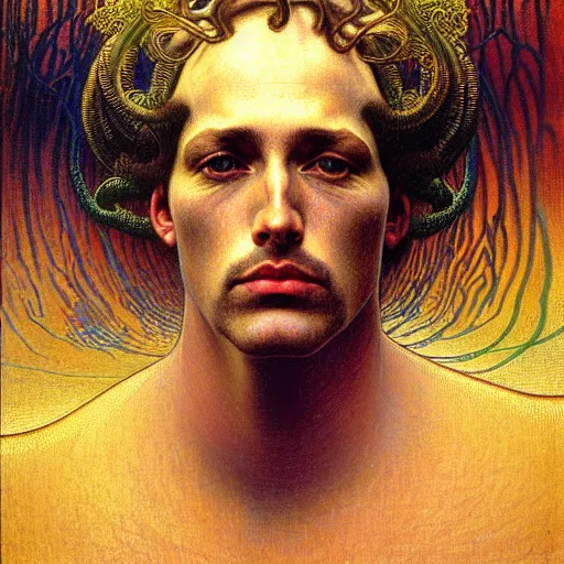 Prompt: realistic .extremely. detailed. portrait painting of an average man by Jean Delville, Amano, Yves Tanguy, Alphonse Mucha, Ernst Haeckel, Edward Robert Hughes, Roger Dean, moody colors, gold eyes