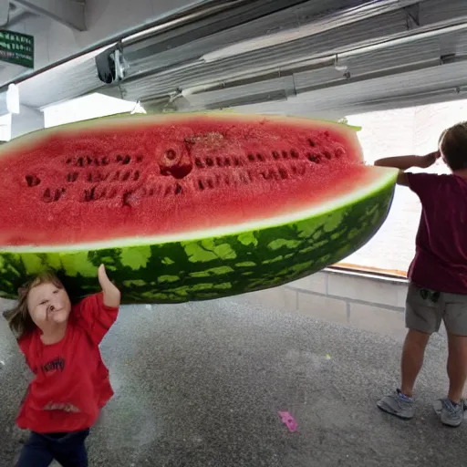 Prompt: The giant watermelon rampaged through the town, leaving a path of destruction in its wake. The townspeople were terrified. They had no idea how to stop the giant fruit.