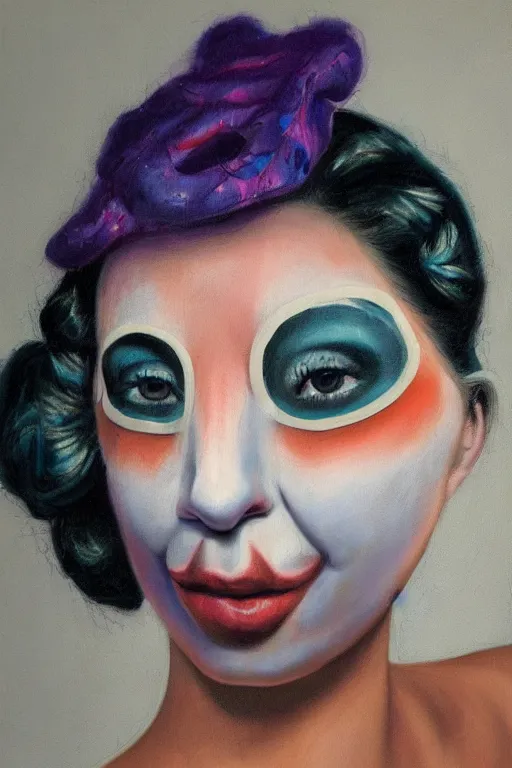 Image similar to hyperrealism oil painting, close - up portrait of commedia dell'arte fashion woman model, gradient mixed with nebula sky, in style of baroque