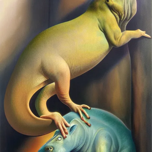 Image similar to tapir seeing a chameleon in the mirror by boris vallejo, highly detailed