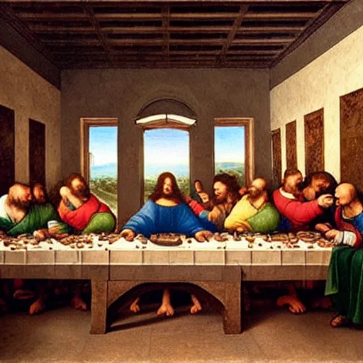 Image similar to A renaissance painting by Leonardo da Vinci that looks like The Last Supper, of a long table, but every character is a baby and the only type of food on the table is milk. There are many bottles of milk on the table. Detailed, realistic, artstation, symmetrical composition