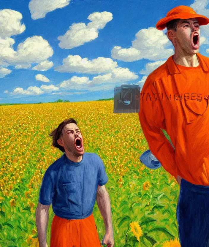 Image similar to a closeup portrait of a man in an orange prisoner overall, standing in beautiful sunflower field, screaming and sad, highly detailed, aesthetic clouds in the sky, in the style of edward hopper, very fine brush strokes, 4 k,