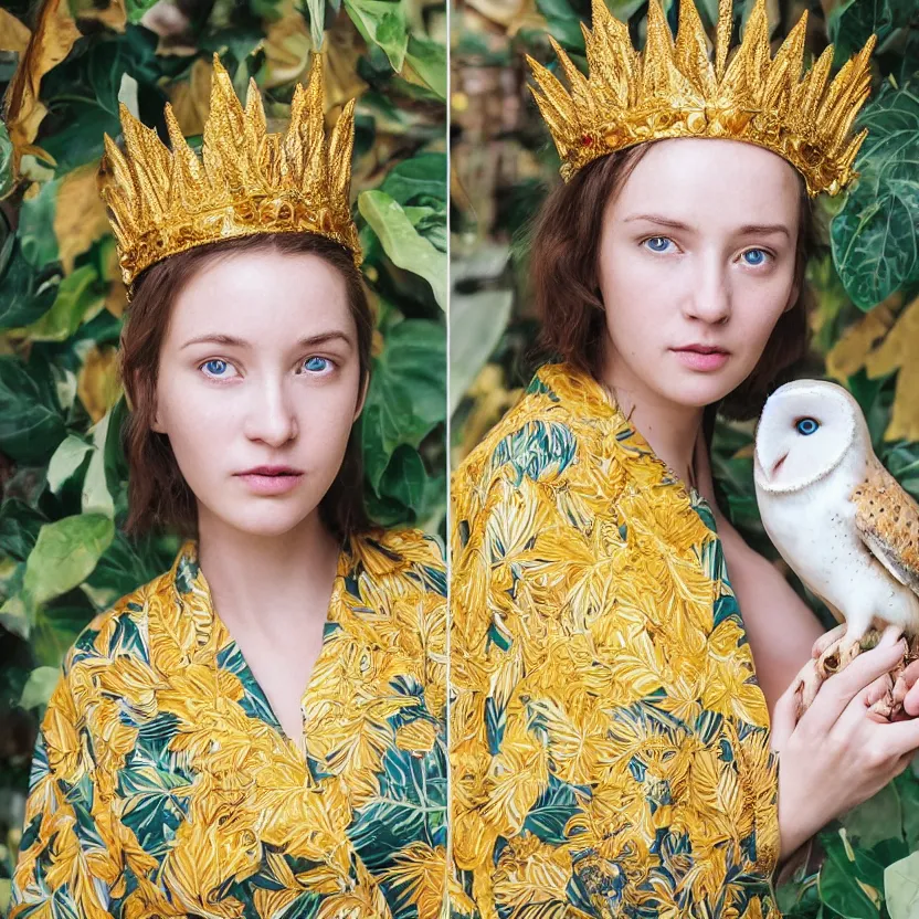 Image similar to portrait photograph of an extremely beautiful!!!! young female , symmetric face!, symmetric round detailed eyes!!, slight smile, natural light, wearing a yellow kimono!! with a very detailed barn owl! on her shoulder in a tropical greenhouse. looking at the camera!!. golden crown made of golden leaves. super resolution. Extremely detailed. Graflex camera!, bokeh!!!!!.