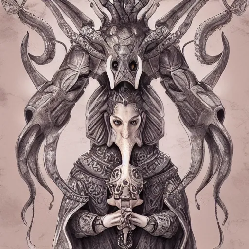 Image similar to mage guardian with elephant head and octopus body in ancient palace, baroque, brutalist, mystical, highly detailed, sharp focus, artgerm, cgsociety