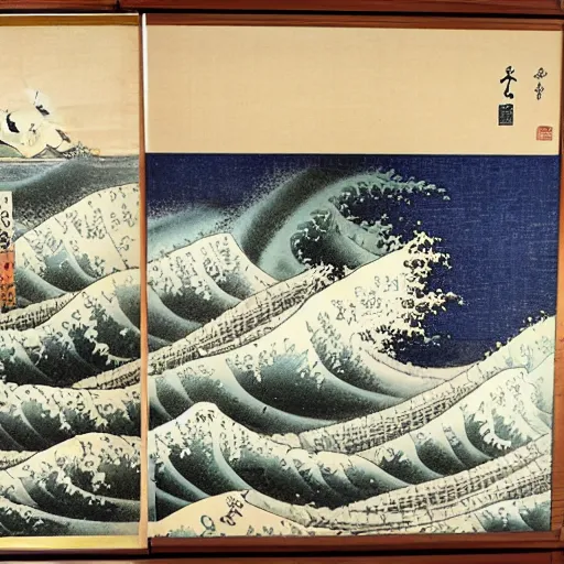 Prompt: boats on tumultuous sea with large waves, ukiyo - e, japanese wood painting