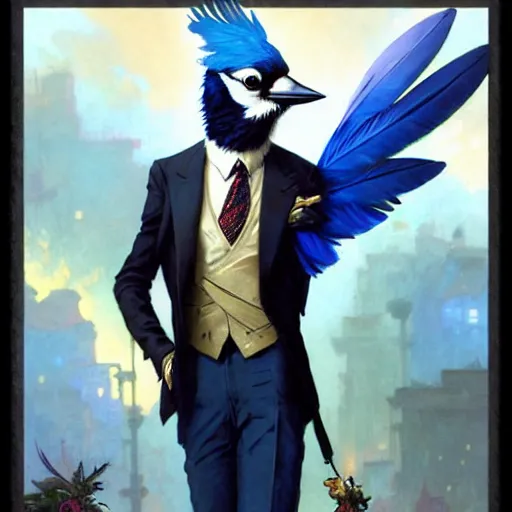 Prompt: anthropomorphic blue jay with exquisite feathers and wearing a tie and vest in cyberpunk. Renowned character illustration by greg rutkowski, thomas kindkade, alphonse mucha, loish, norman rockwell.